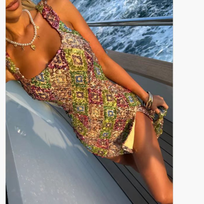 Temperament Sequin Slim Evening Dress Casual Square Collar Pearl Dress Summer Hollow Sleeveless Suspender Club Dress 251010