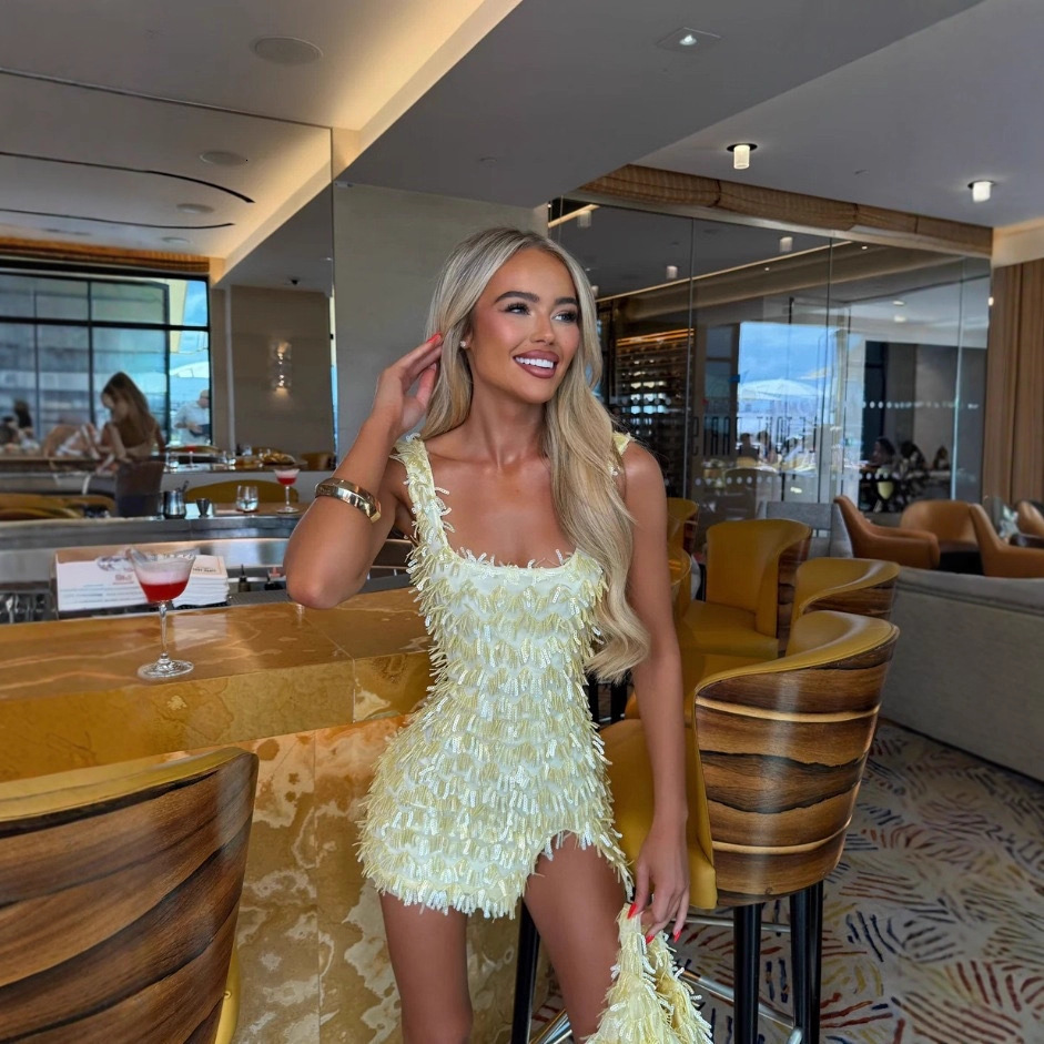 Temperament Sequin Slim Evening Dress Casual Square Collar Pearl Dress Summer Hollow Sleeveless Suspender Club Dress 251010