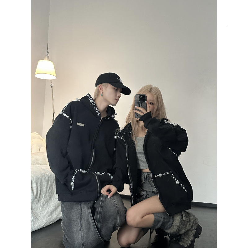2025 Autumn Couple Outfit Chinese Style Irregular Pearl Hooded Sweatshirt Jacket for Men and Women 241218