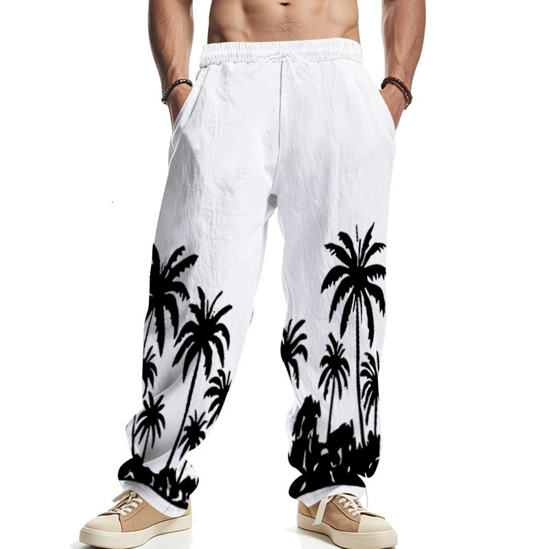 Mens Four Seasons Loose Breathable Hawaiian Print Cotton Linen Casual Streetwear Loose Wide Leg Sports Pants 240820