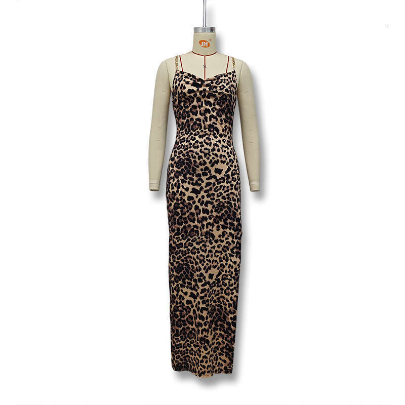 Leopard Print Dress Chain Decor Backless Strap Irregular High Slit Sexy Dress Autumn New European American Style Women Dress MAKOUFEI