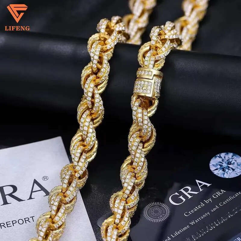 Fine Jewelry 925 Silver Gold Plated High Quality Hand Setting Iced Out VVS Moissanite Diamond HipHop Rope Chain Necklace for Men - view 3