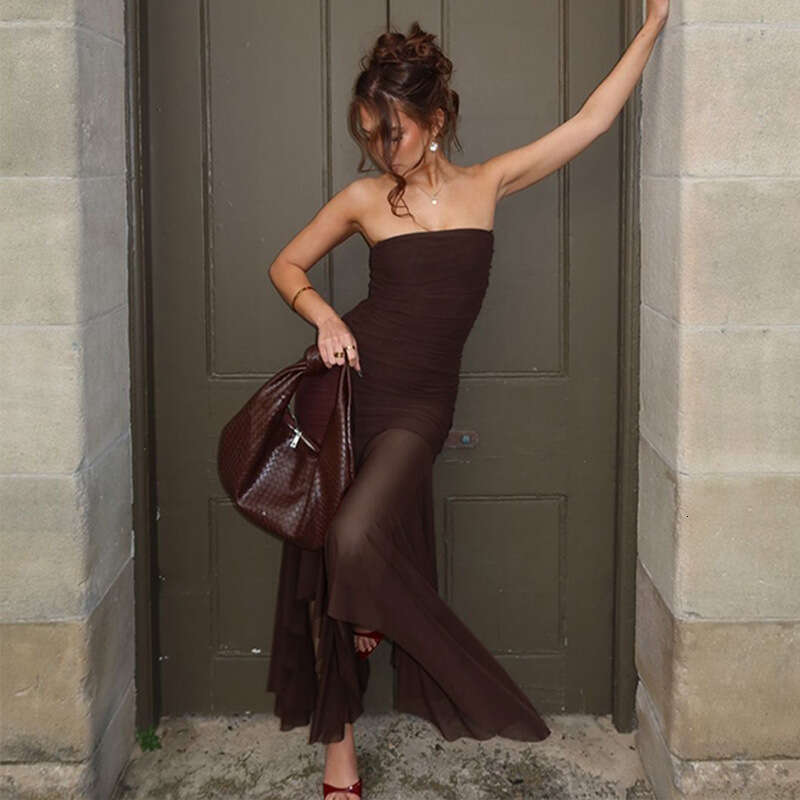 Strapless Sleeveless Mesh Patchwork Dress Ruched Slim Fit Sexy Spring New European American Style Women Dress MAKOUFEI