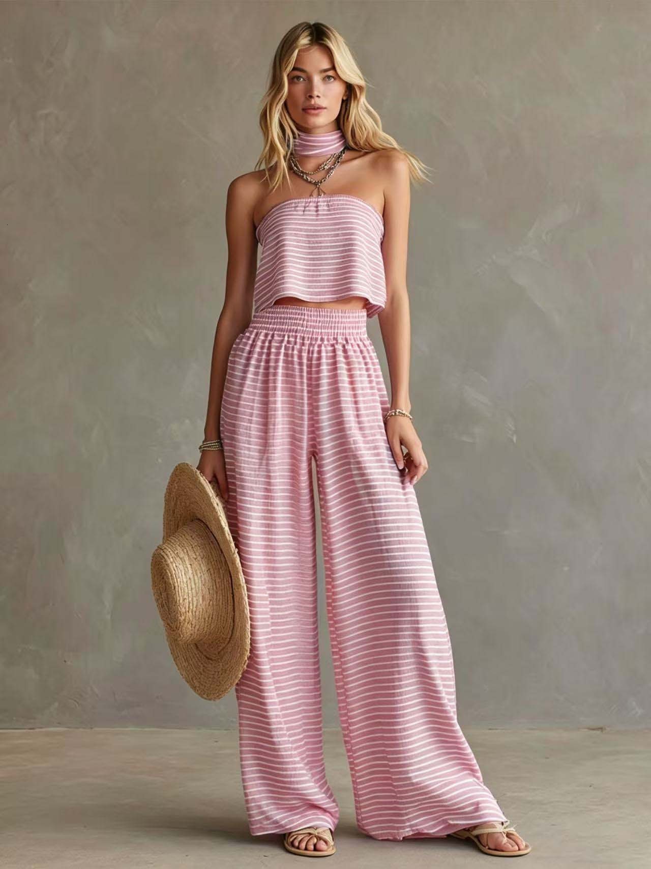 2026 Summer New Fashion Striped Off-Shoulder Tight Top and Pants Set Womens Clothing 240727