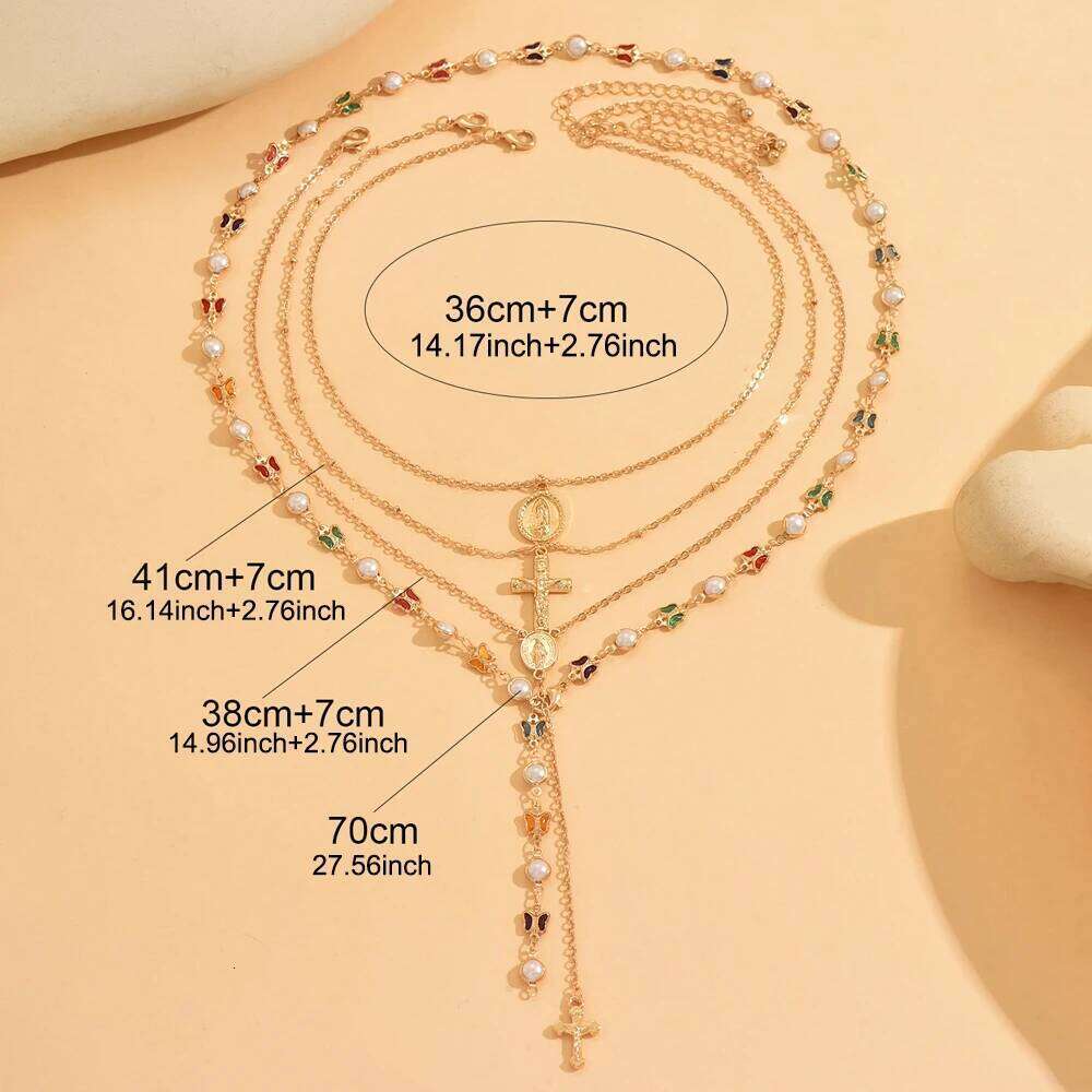 Layered Rosary Cross Necklace Vintage Gold Silver Mary Pendant Pearl Beaded Y Lariat Jewelry Gift for Women W260526 - view 3