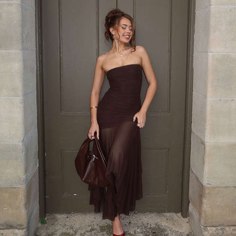 Strapless Sleeveless Mesh Patchwork Dress Ruched Slim Fit Sexy Spring New European American Style Women Dress MAKOUFEI