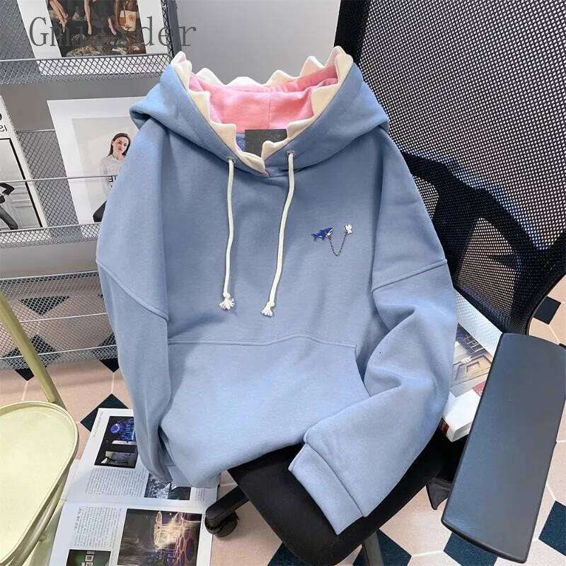 Korean Hip Hop Hoody Chic Shark Hooded Sweatshirt Men Women In Spring Autumn Cute Sweet Girly Solid Color Fashion Jacket Preppy