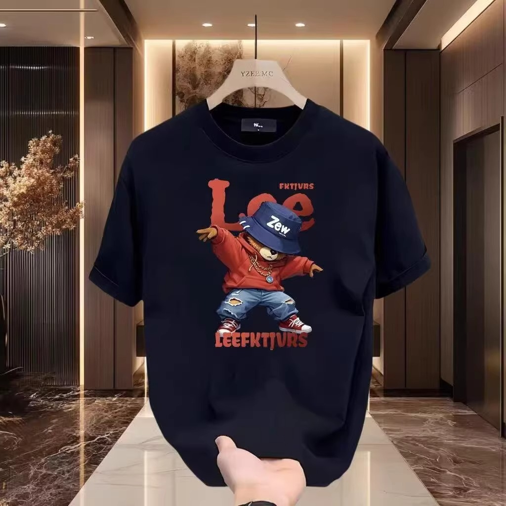 2026 Summer Men's American Style Bear Print T-Shirt, 100% Cotton Crew Neck Short Sleeve, Trendy Streetwear Casual Tees