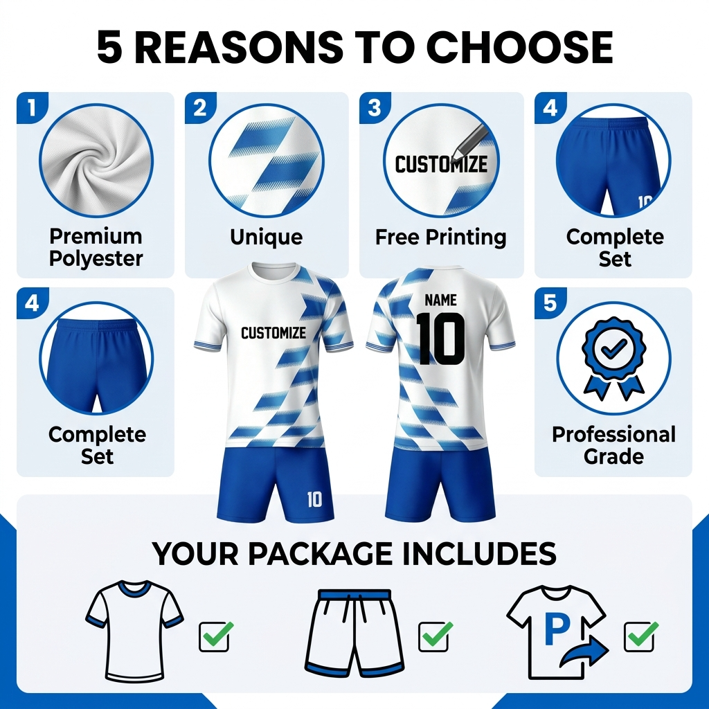 Custom Soccer Jersey Set Men Blue White Geometric Football Uniform with Shorts Personalized Name Number Breathable Quick Dry Team Training Kit - view 8