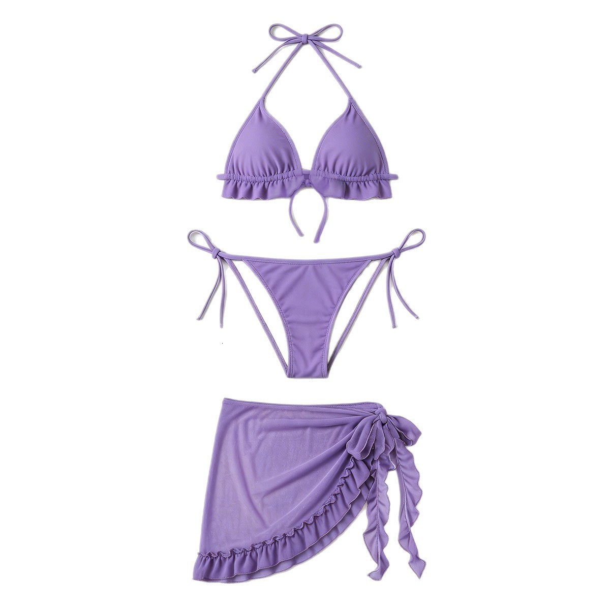 With Sarong Halter Ruffled Bikini Women Swimwear Female Swimsuit Threepieces Bikini set Bather Bathing Suit Swim Lady V4144 250903