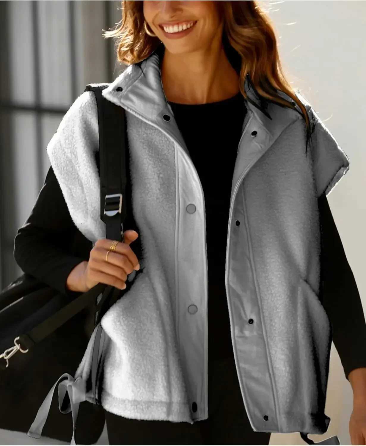 Womens Fuzzy Fleece Vest Oversized Sleeveless Sherpa Jacket Warm Button Down Gilet Outerwear with PocketsJ260527 - view 5