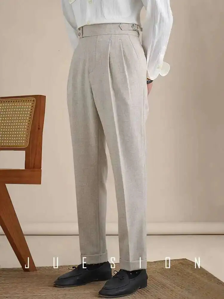 Naples Double Fold High Waist Linen Suit Pants For Men Summer Breathable Straight Leg Office Trousers Pantalon Costume Homme y260618 - view 6