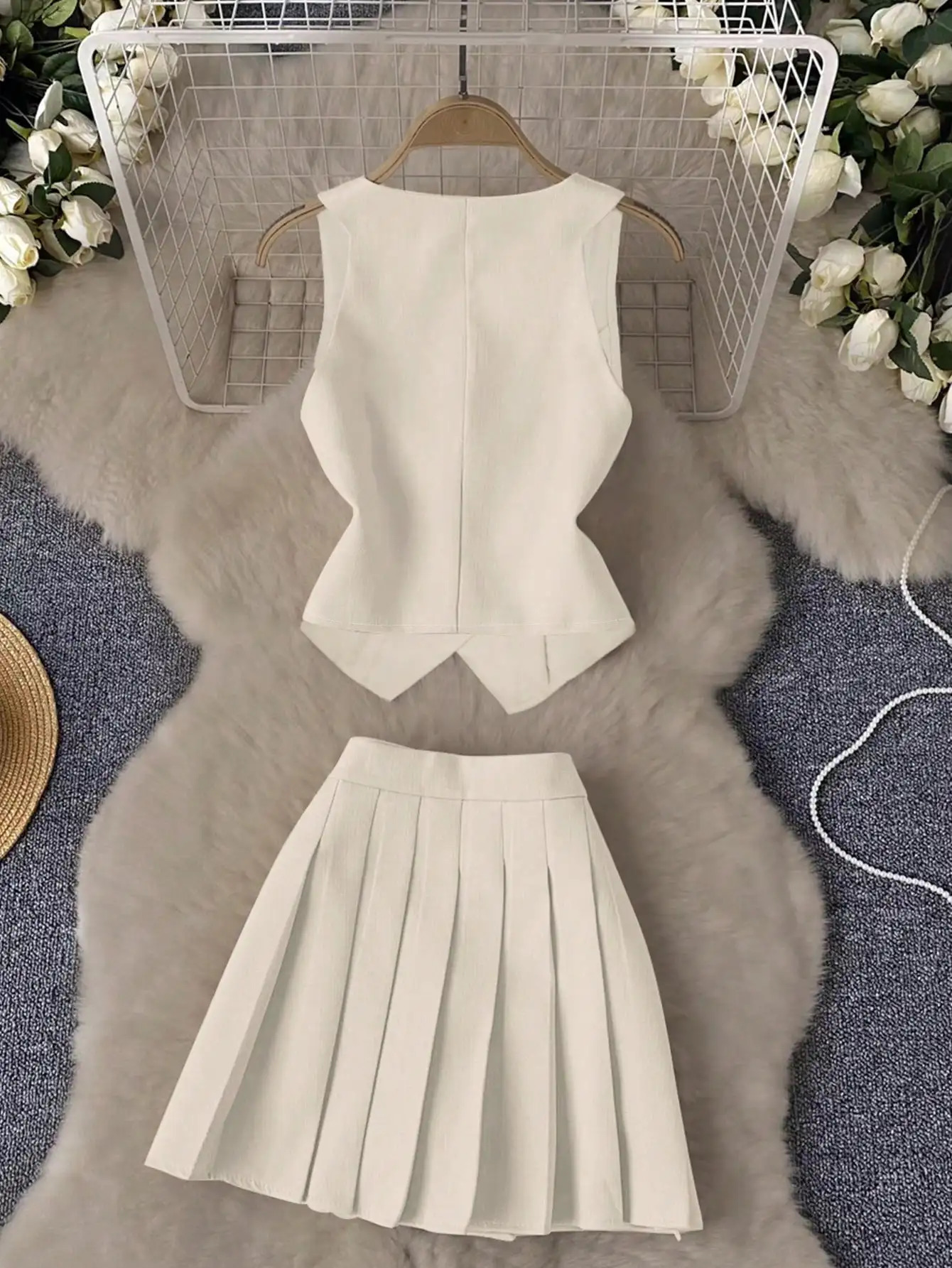 Womens Elegant Beige VNeck WaistCinching Vest Pleated Skirt 2 Piece Set Gold Button Blazer Waistcoat ALine Mini 260625 - view 3
