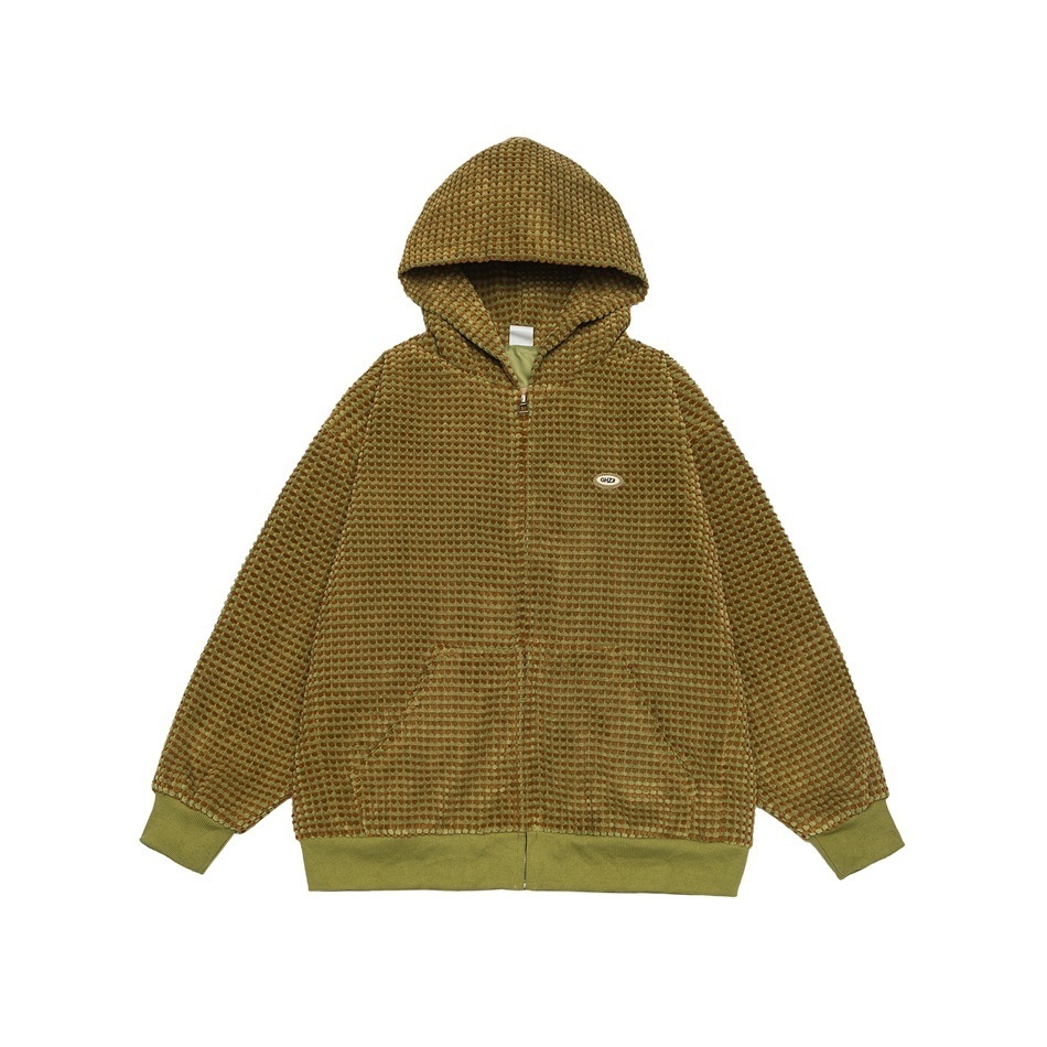 Casual Warm Street Style Retro Waffle Texture Zip Up Hoodie Men and Womens Brown Oversized Coat Y2K Harajuku Trendy Fashion Coat 260311