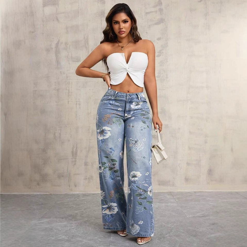 American street printed jeans for women's autumn fashion brand Vibe style, loose and versatile design sense
