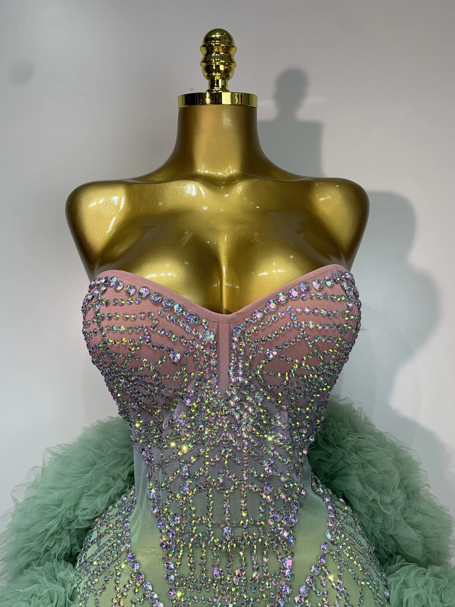 Women Sexy Strapless Backless Green Diamonds Mesh Dress Birthday Party Costume Bar Nightclub Singer Stage Performance Outfit 260529 - view 6