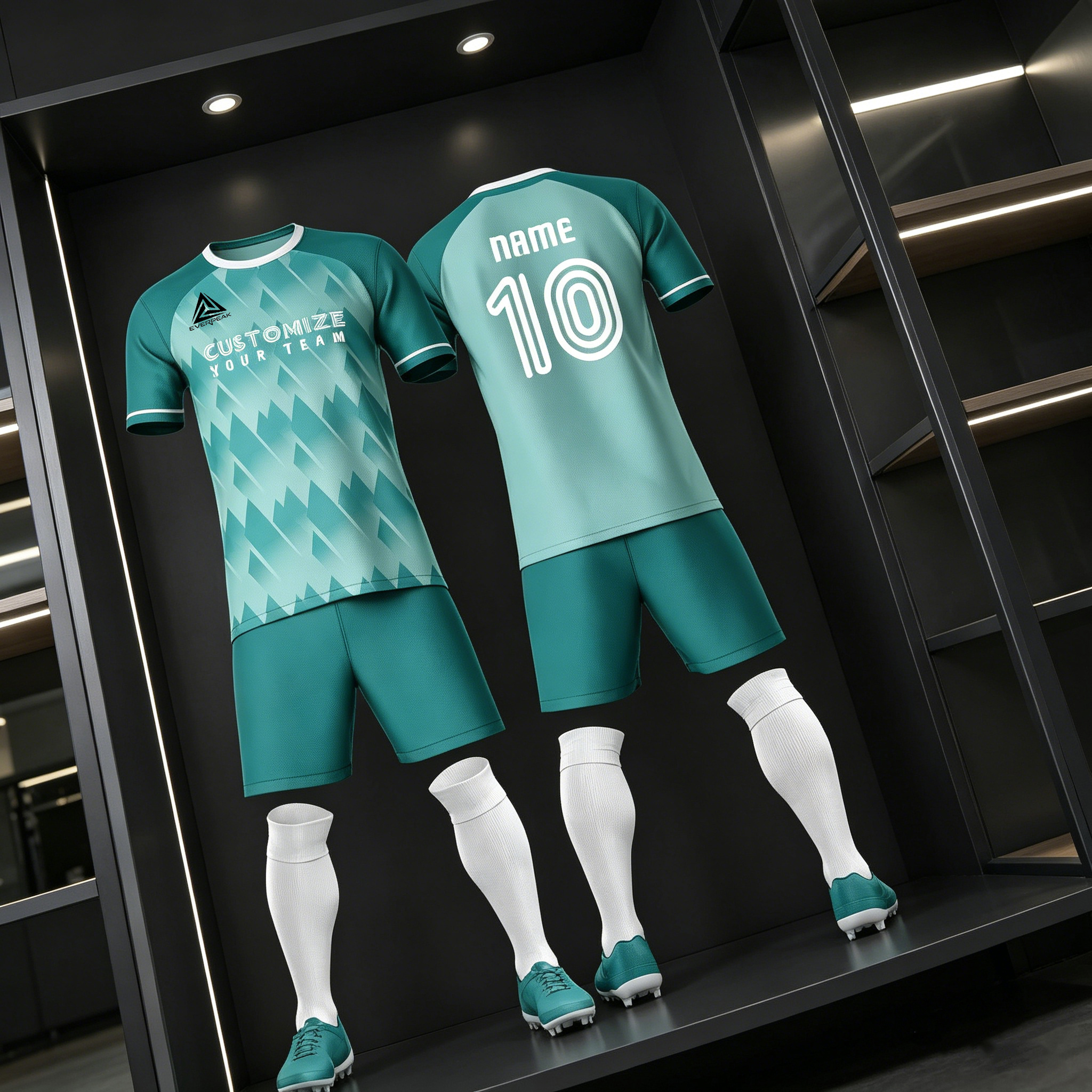 Custom Team Name Number Soccer Jersey Set Men Teal Ombre Geometric Football Uniform Quick Dry Team Training Sportswear for Adults - view 5