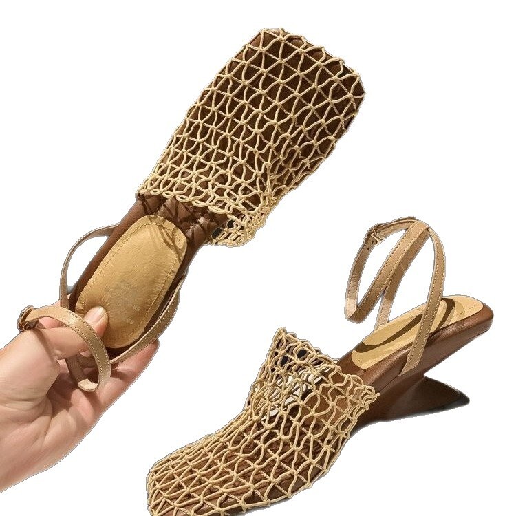Designer shoe Comfortable stylish niche square-toed breathable mesh wedge high-heeled sandals with open back and hollow woven fishnet design