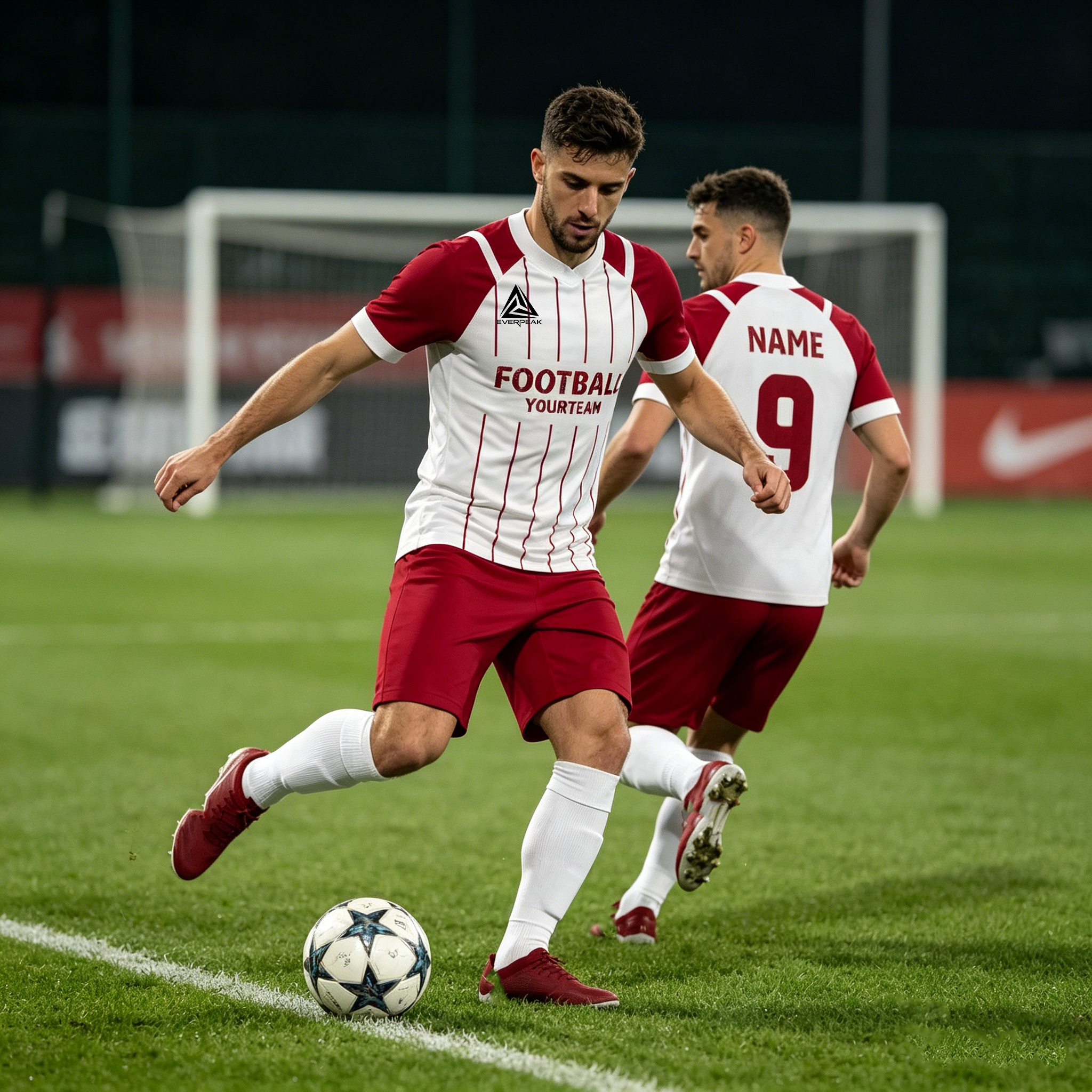 Custom Soccer Jersey Set Men Red White Vertical Stripe Football Uniform with Shorts Personalized Name Number Breathable Quick Dry Kit - view 3