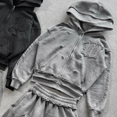 Streetwear Y2k Sports Double Layer Hoodie American Embroidery Patch Pink Zipper Sports Running Pants Casual Sports Two Piece Set 260316