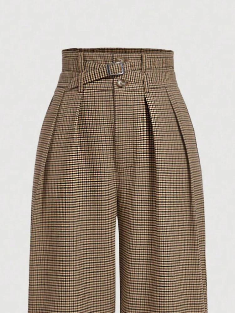 Womens plaid wideleg trousers retro highwaisted casual cargo style with belt 260625 - view 6