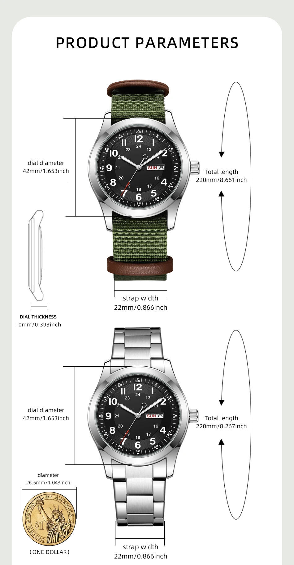 2026 Mens 42mm Watch Glow in the Dark Luminous Dial Day Date Green Canvas Strap 30M Water Proof Field Watch Khaki Strap 260526 - view 7