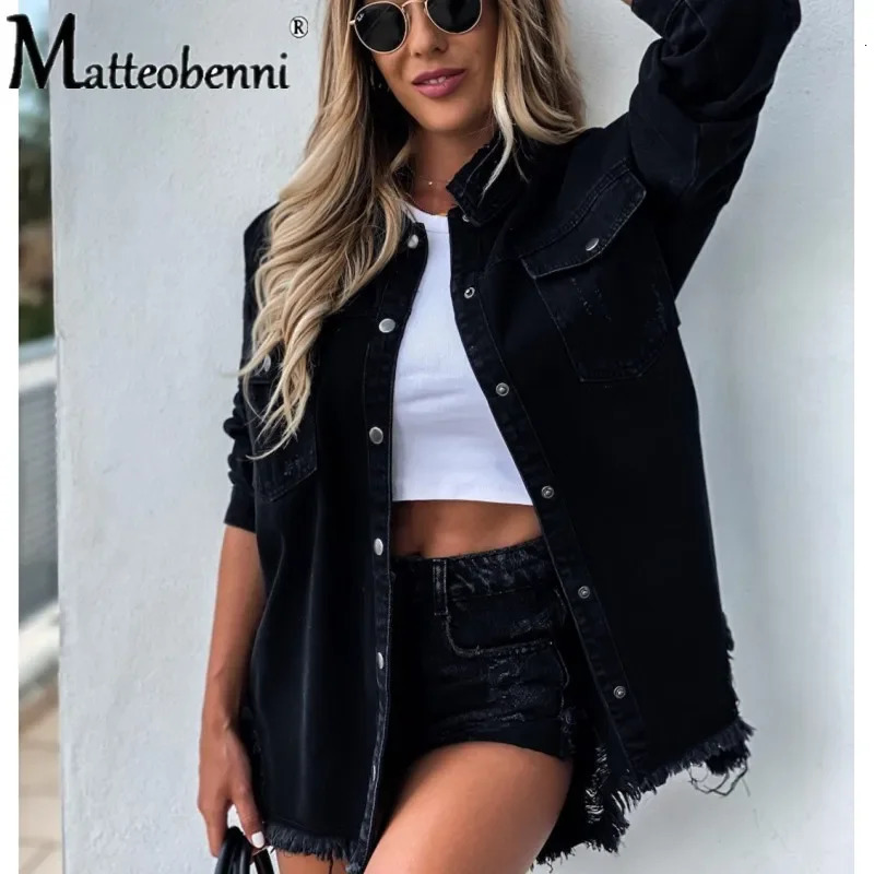 2024 Fall Womens Long Sleeve Denim Shirt Fashion Ripped Midlength Jeans Buttons Tops Boyfriend Loose Shirts 260526