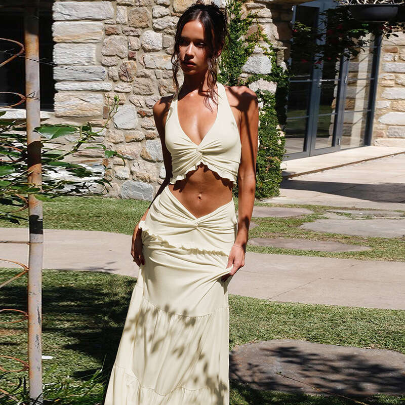 European and American Women s Fashion Summer New Sexy V neck Ruffled Halter Neck Strap Detail Twist Knot Long Dress Set MAKOUFEI