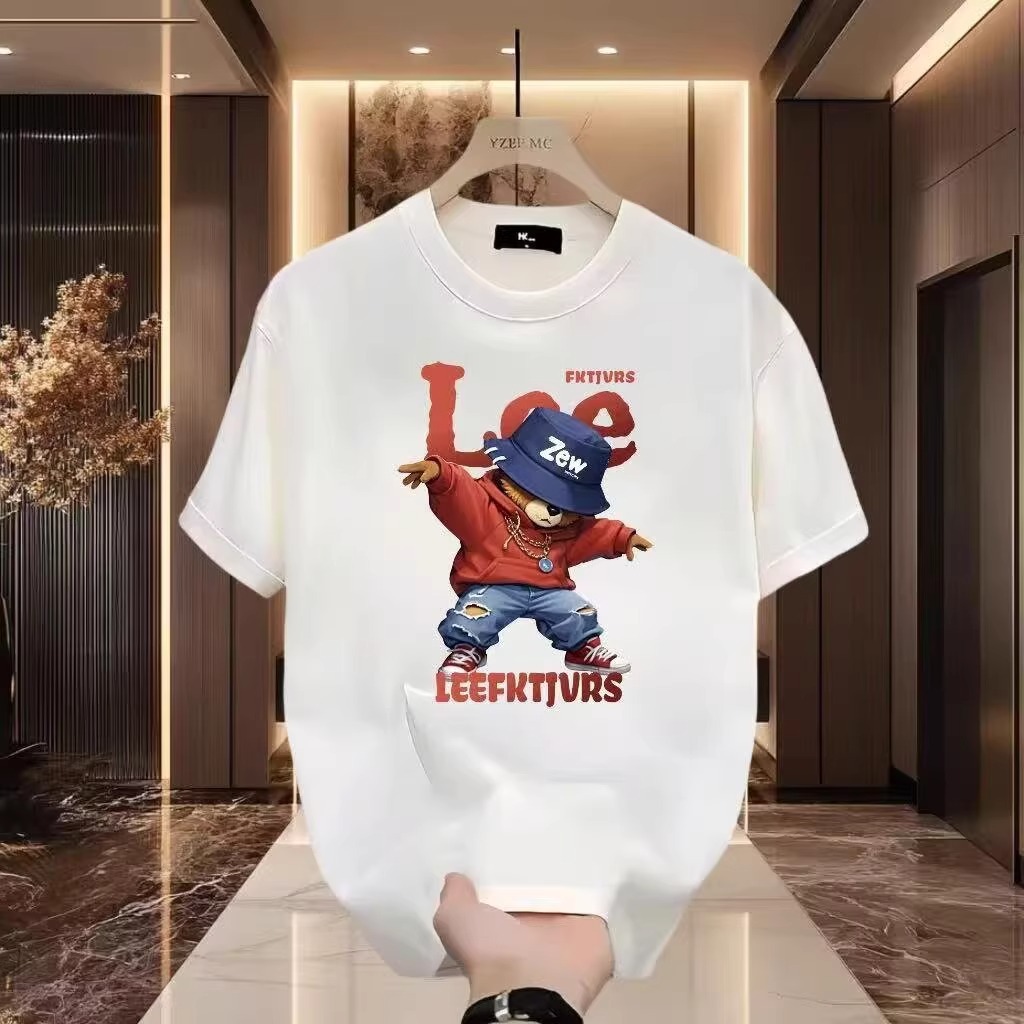 2026 Summer Men's American Style Bear Print T-Shirt, 100% Cotton Crew Neck Short Sleeve, Trendy Streetwear Casual Tees