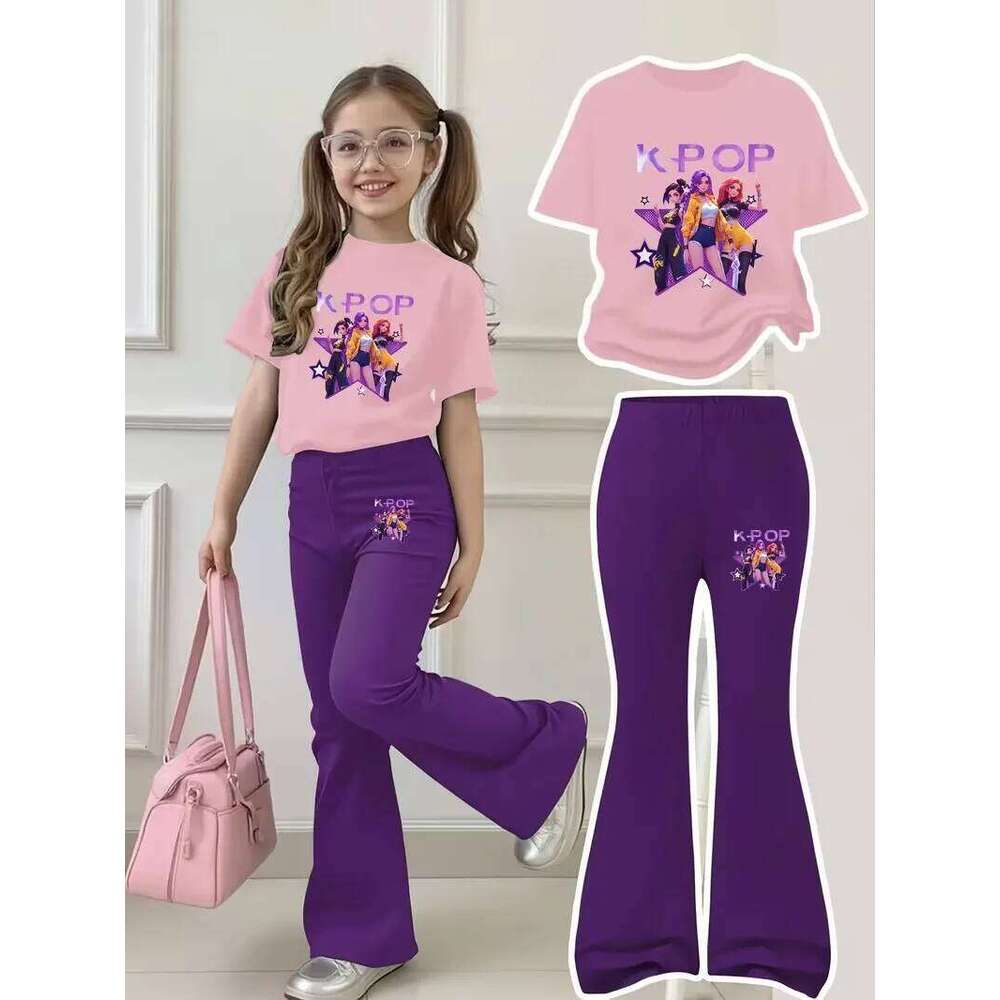 Cool Outfit for Aged 4-12: Short-Sleeved and Pants! Pink T-Shirt with Vibrant Girl Group Illustration3 Stylish Girls on a Starry Background, "K-P