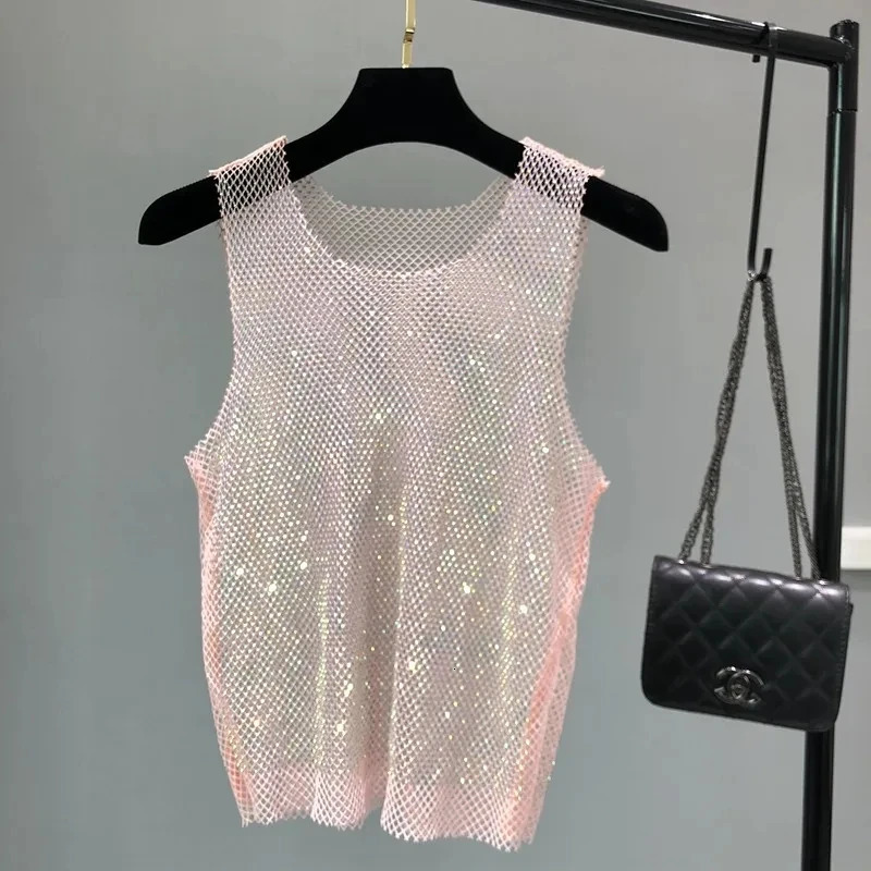 Summer Women Crystal Rhinestones Shiny Sexy Y2K Tank Tops Party Club Sexy See Through Mesh Hollow Out Diamond shirt 260522