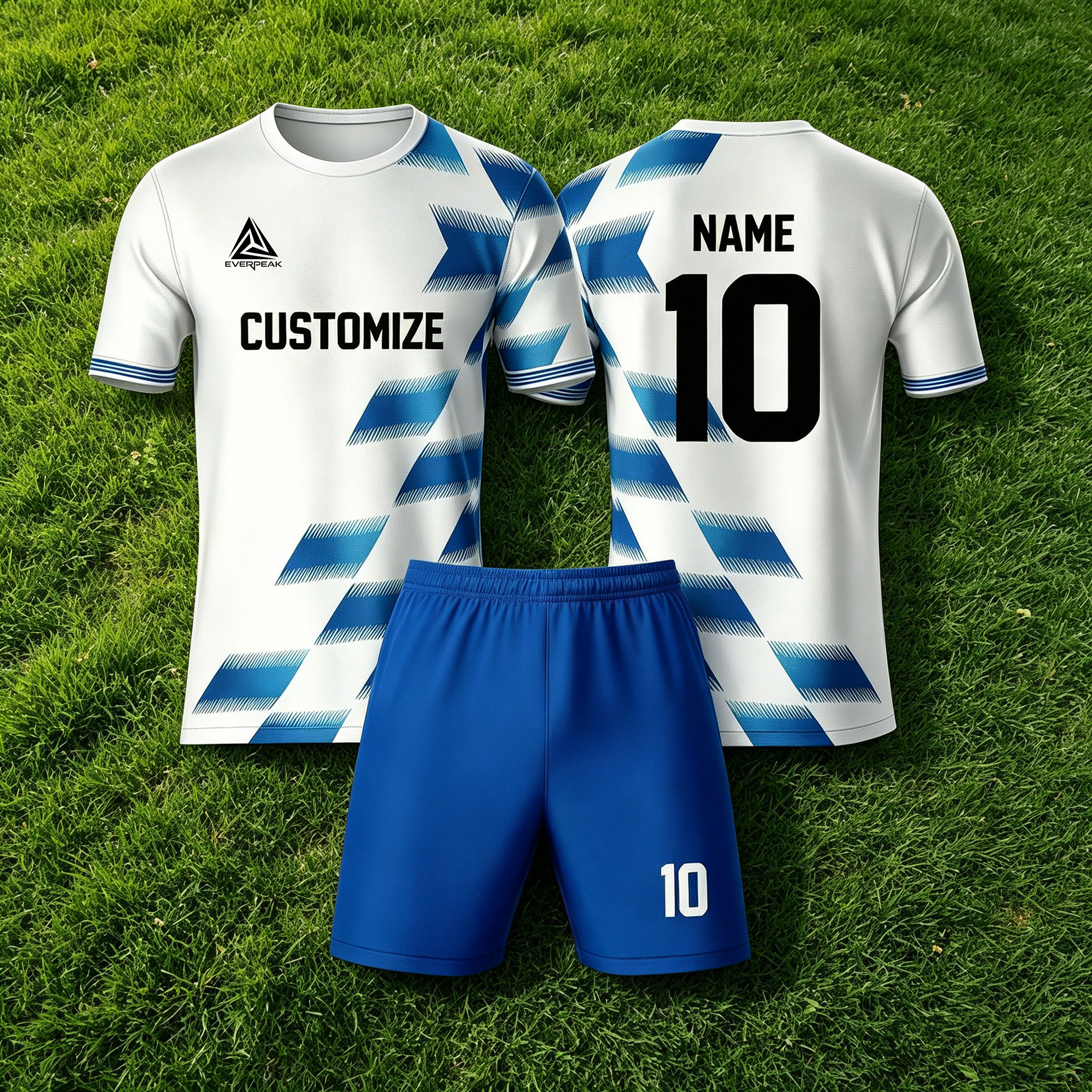 Custom Soccer Jersey Set Men Blue White Geometric Football Uniform with Shorts Personalized Name Number Breathable Quick Dry Team Training Kit - view 3