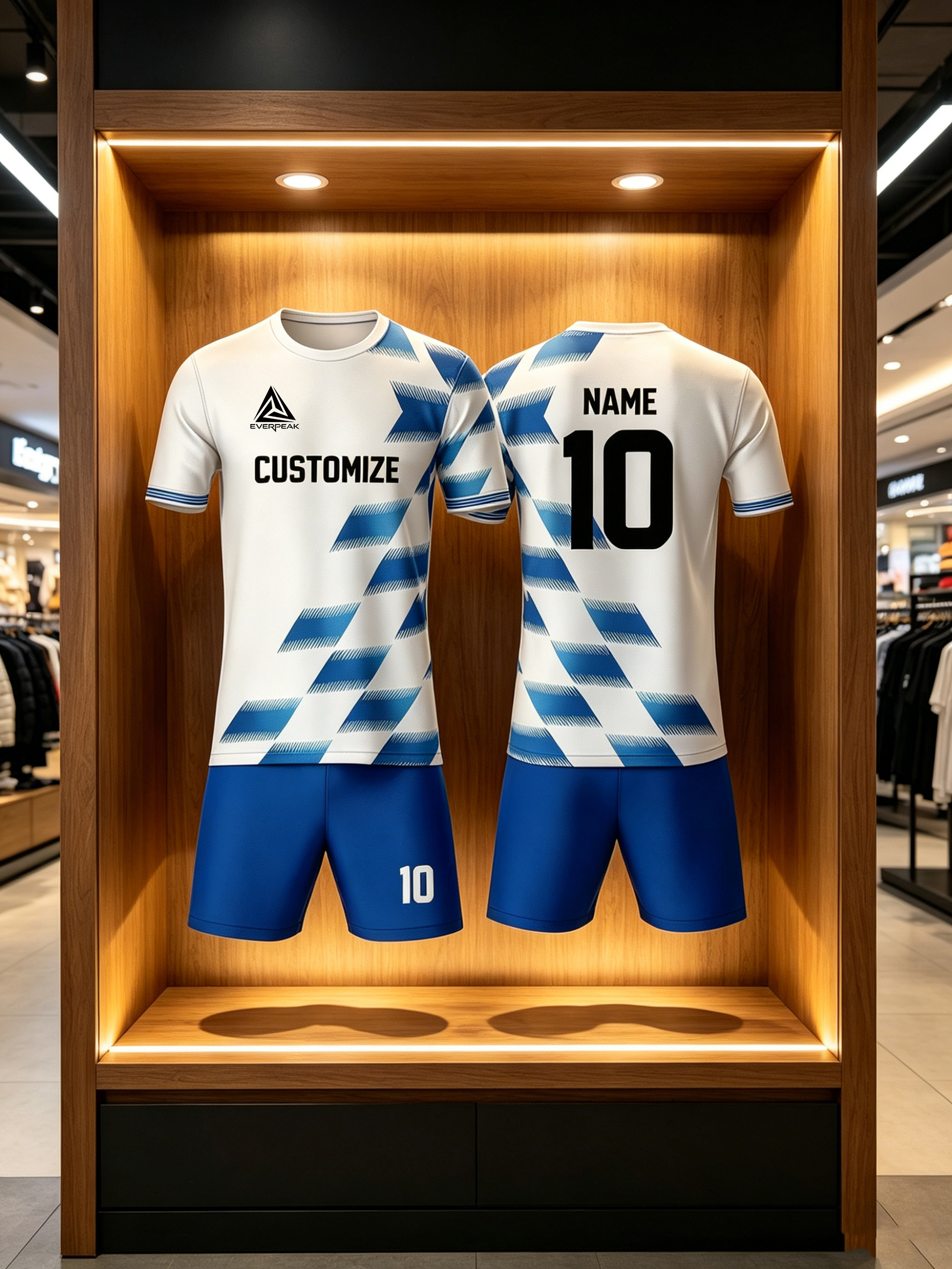 Custom Soccer Jersey Set Men Blue White Geometric Football Uniform with Shorts Personalized Name Number Breathable Quick Dry Team Training Kit - view 5