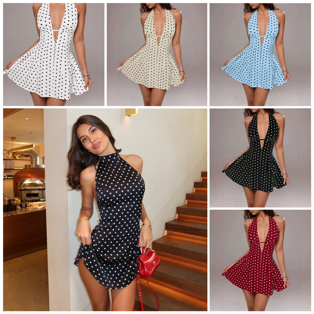 Casual Dresses Women's Halter Neck Polka Dot Dress Deep V Cut Out Bodycon Mini For Summer Party Club Night Evening Date Fashion