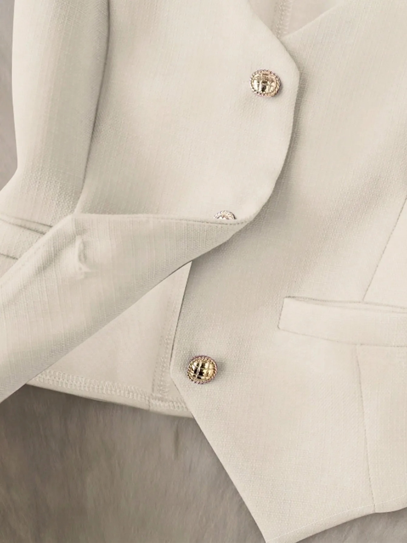 Womens Elegant Beige VNeck WaistCinching Vest Pleated Skirt 2 Piece Set Gold Button Blazer Waistcoat ALine Mini 260625 - view 6