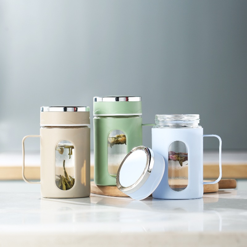 301-400ml Glass Tea Cup With Handle And Lid