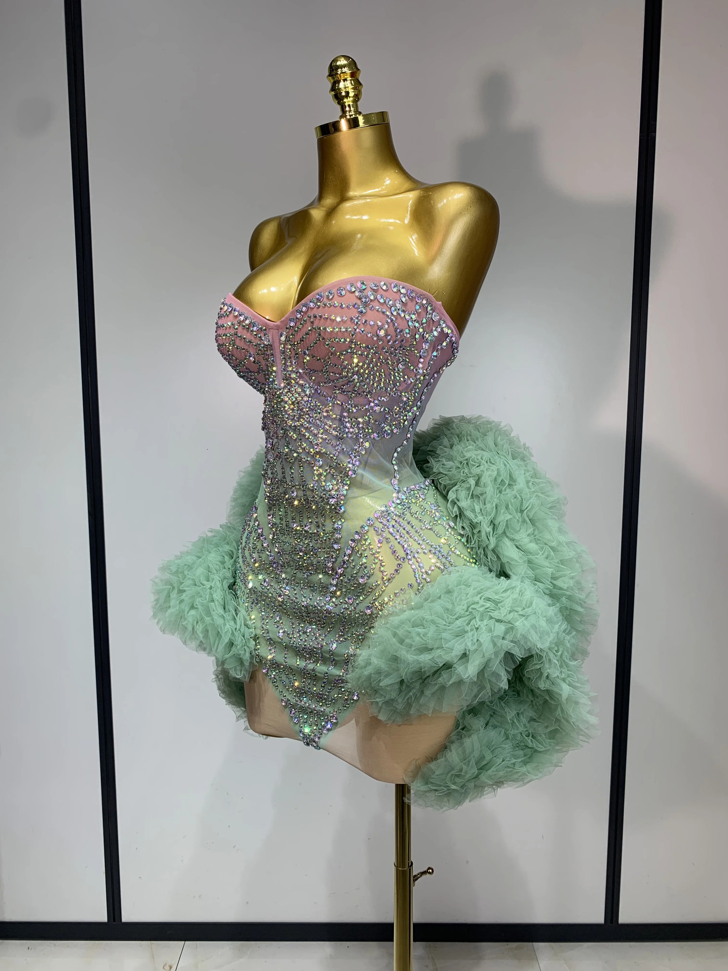 Women Sexy Strapless Backless Green Diamonds Mesh Dress Birthday Party Costume Bar Nightclub Singer Stage Performance Outfit 260529 - view 3