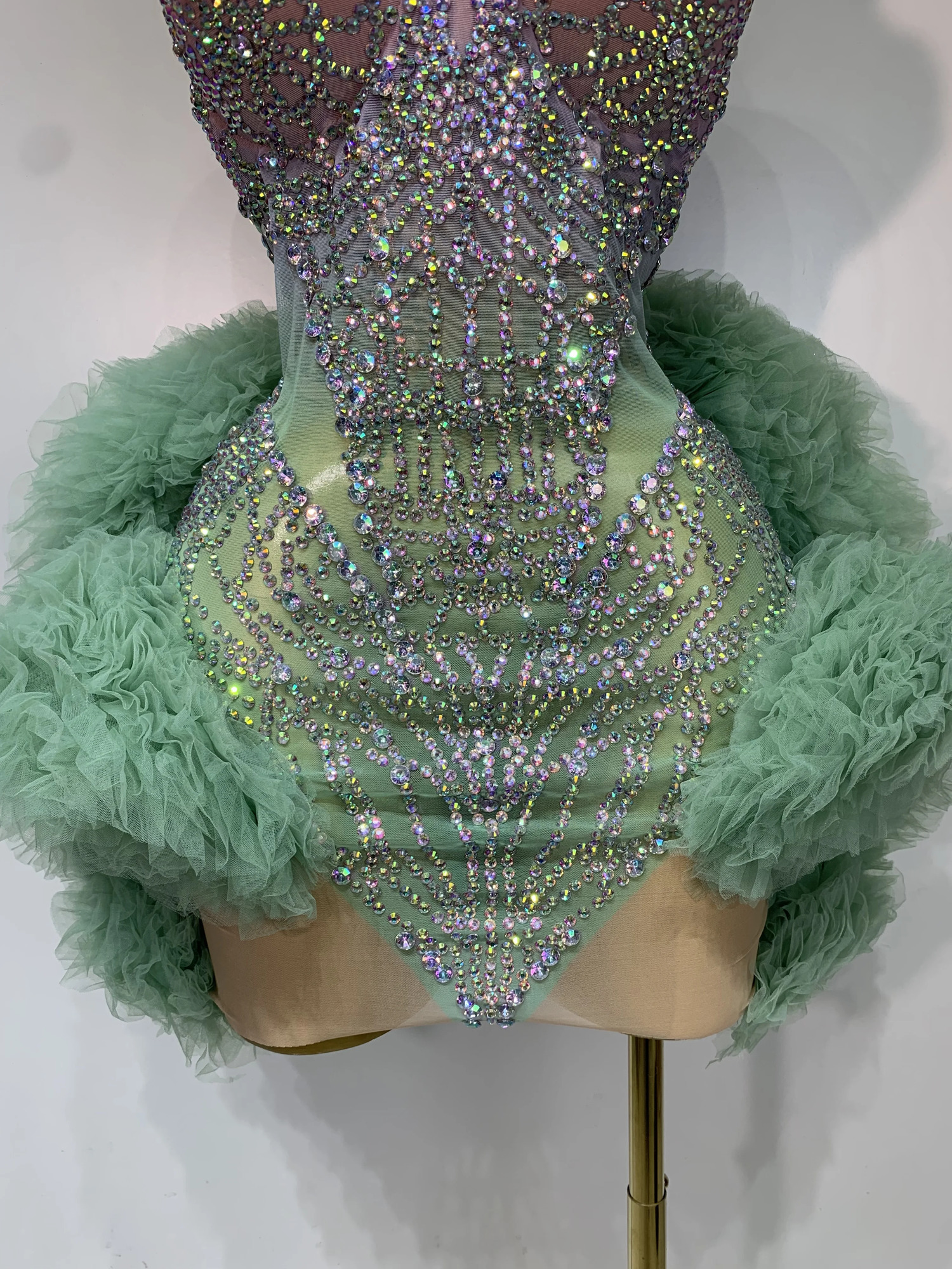 Women Sexy Strapless Backless Green Diamonds Mesh Dress Birthday Party Costume Bar Nightclub Singer Stage Performance Outfit 260529 - view 7