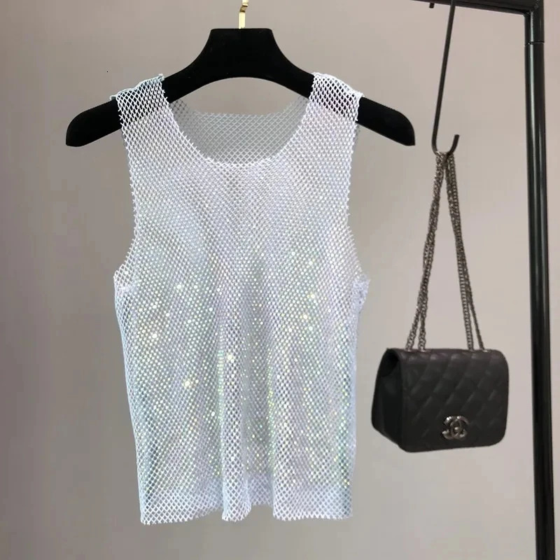 Summer Women Crystal Rhinestones Shiny Sexy Y2K Tank Tops Party Club Sexy See Through Mesh Hollow Out Diamond shirt 260522