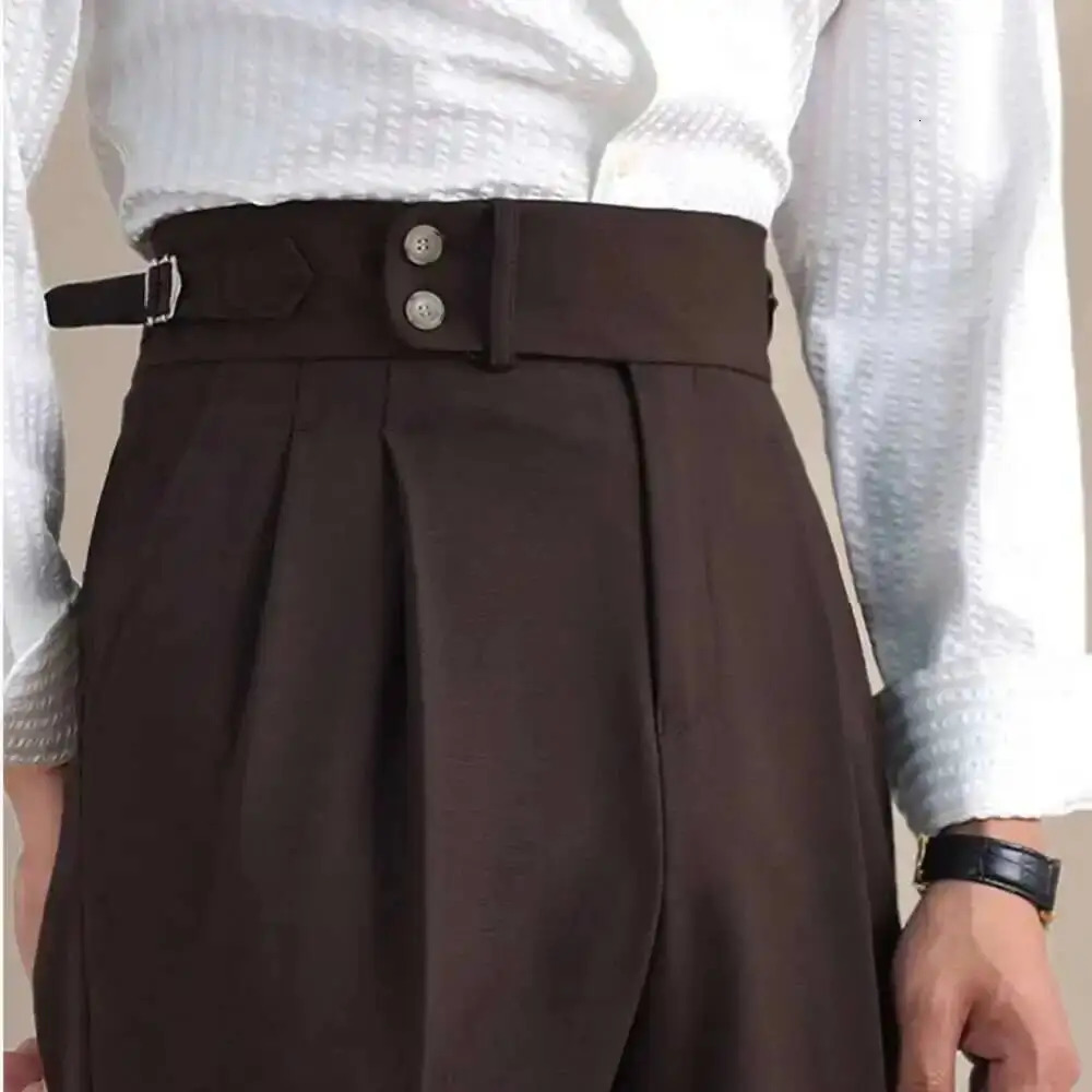 Naples Double Fold High Waist Linen Suit Pants For Men Summer Breathable Straight Leg Office Trousers Pantalon Costume Homme y260618 - view 3