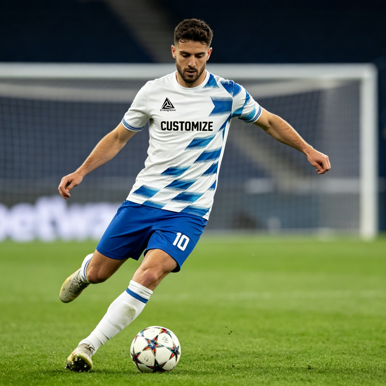 Custom Soccer Jersey Set Men Blue White Geometric Football Uniform with Shorts Personalized Name Number Breathable Quick Dry Team Training Kit - view 6