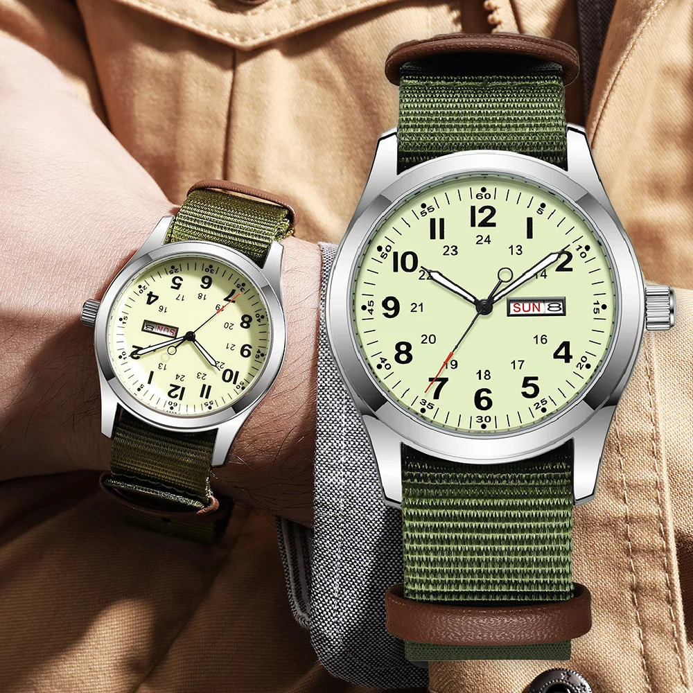 2026 Mens 42mm Watch Glow in the Dark Luminous Dial Day Date Green Canvas Strap 30M Water Proof Field Watch Khaki Strap 260526 - view 6