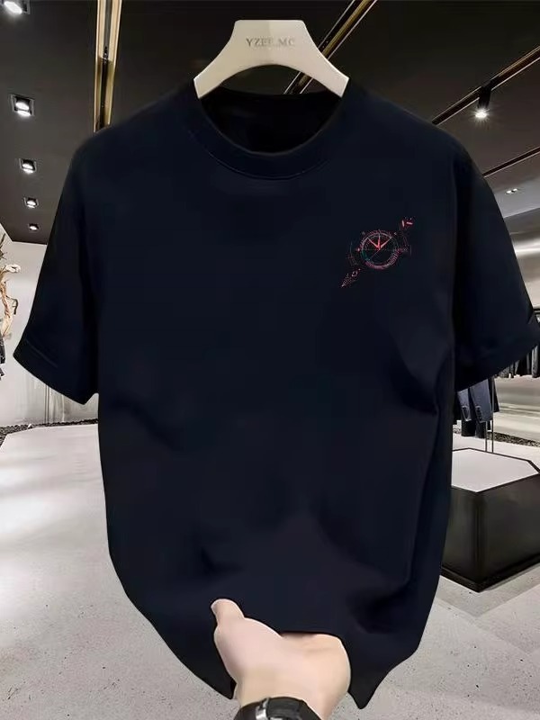 2026 Summer Men's Heavyweight Cotton T-Shirt, American Retro Crew Neck, Loose Fit, Minimalist Graphic Print, Ins Streetwear,