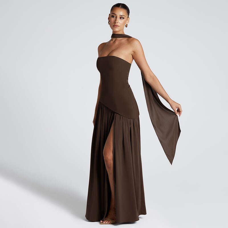 European and American Women s Fashion Strapless Slim Fit Solid Color Slit Backless Elegant Ribbon Dress Daily Party Holiday Outdoor Wear MAKOUFEI