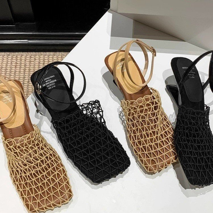 Designer shoe Comfortable stylish niche square-toed breathable mesh wedge high-heeled sandals with open back and hollow woven fishnet design