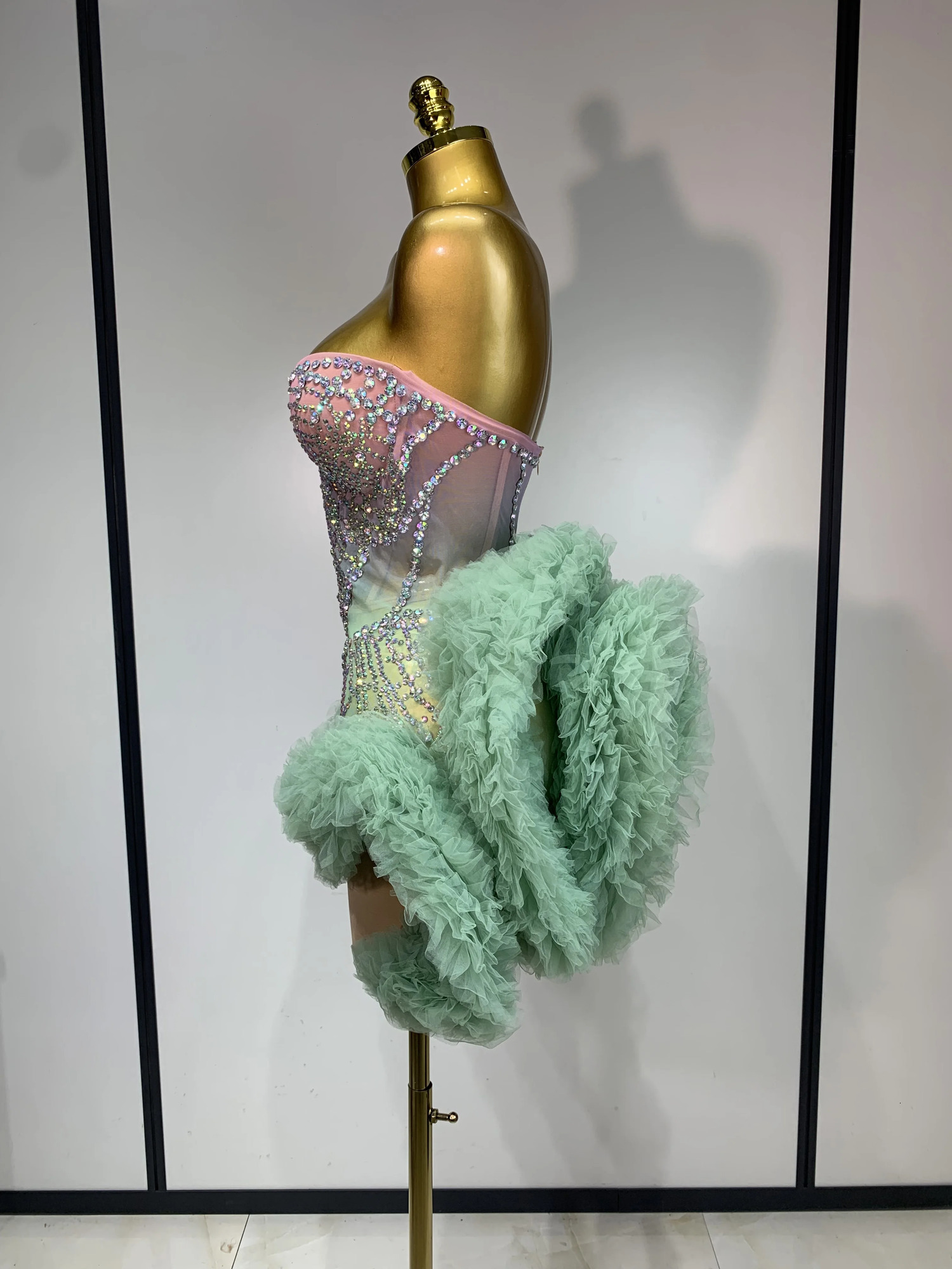 Women Sexy Strapless Backless Green Diamonds Mesh Dress Birthday Party Costume Bar Nightclub Singer Stage Performance Outfit 260529 - view 4