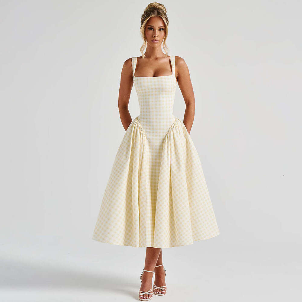 Plaid Print Backless Strap Dress Women French Style Waist Cinching Sweet Princess Dress Casual Party Holiday Wear MAKOUFEI