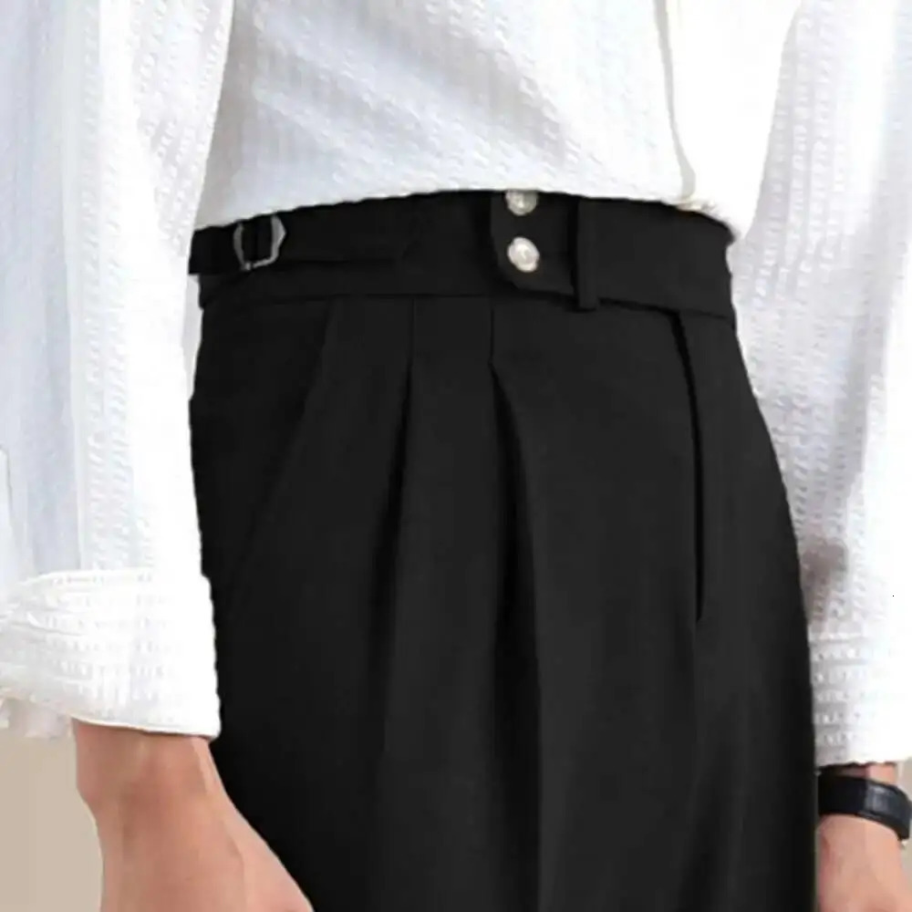 Naples Double Fold High Waist Linen Suit Pants For Men Summer Breathable Straight Leg Office Trousers Pantalon Costume Homme y260618 - view 4