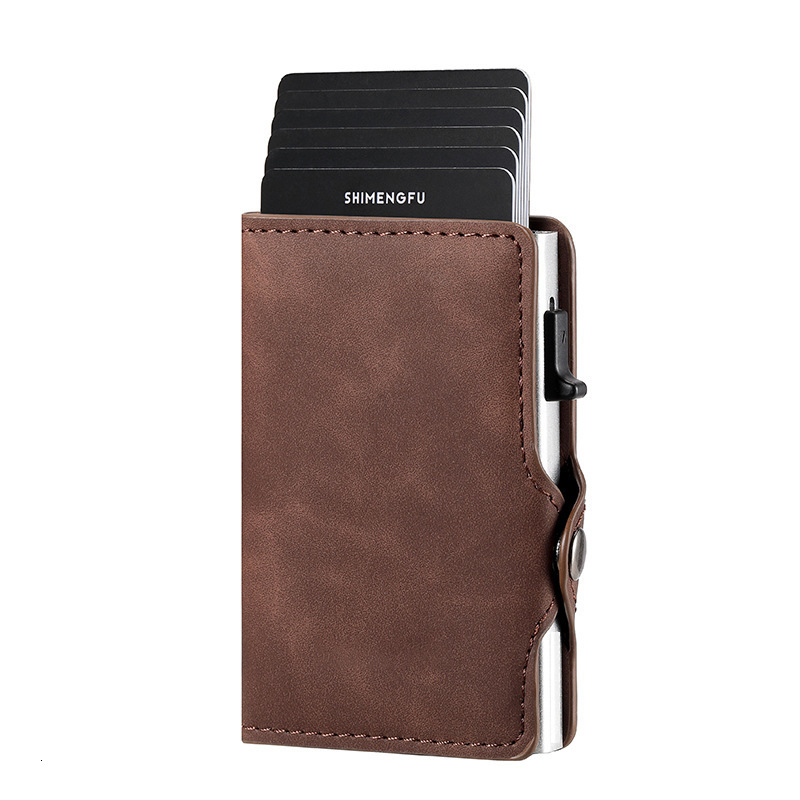 New RFID leather and aluminum alloy side-push card holder wallet anti-scan metal card case A006 260423
