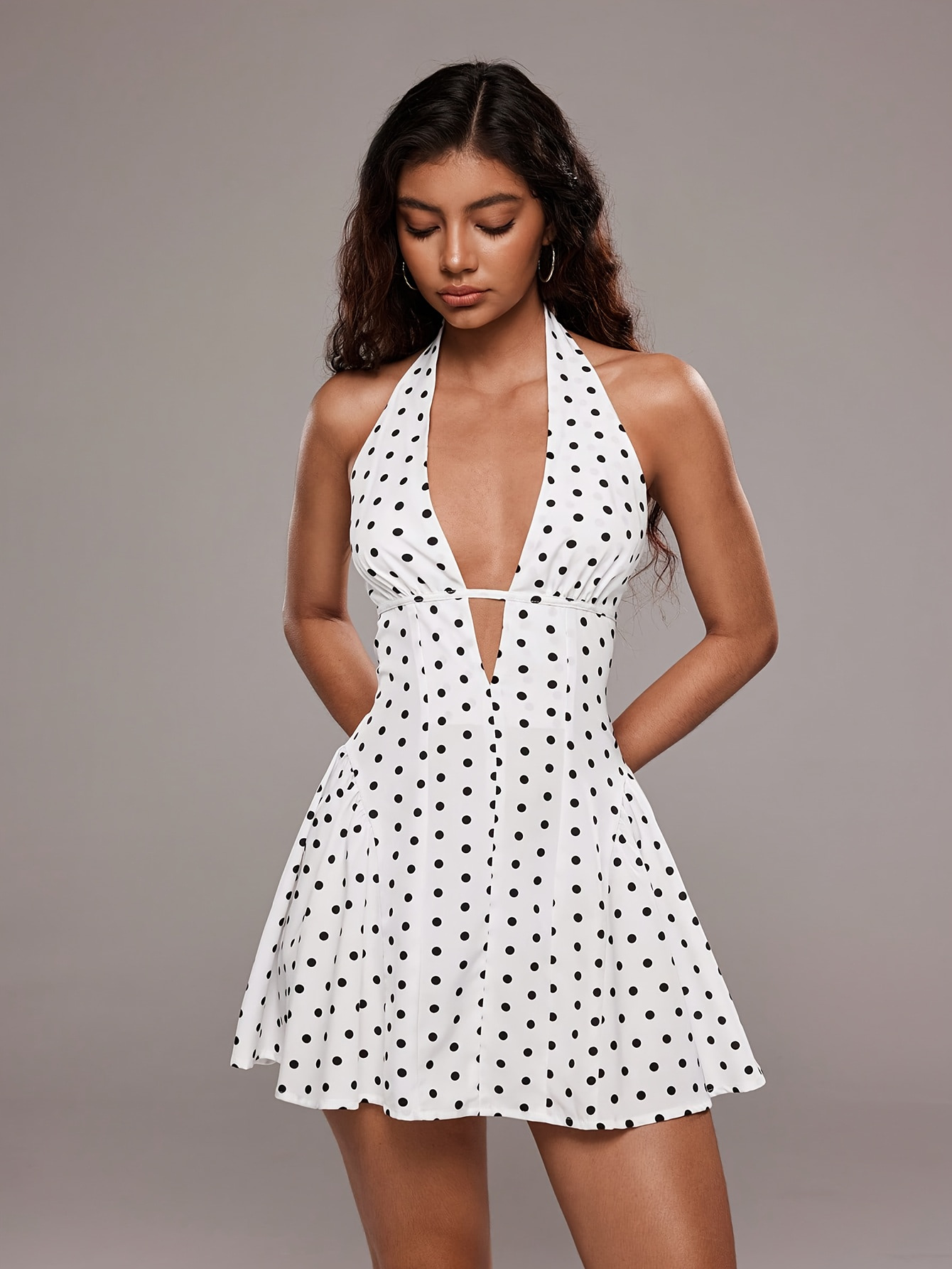 Casual Dresses Women's Halter Neck Polka Dot Dress Deep V Cut Out Bodycon Mini For Summer Party Club Night Evening Date Fashion